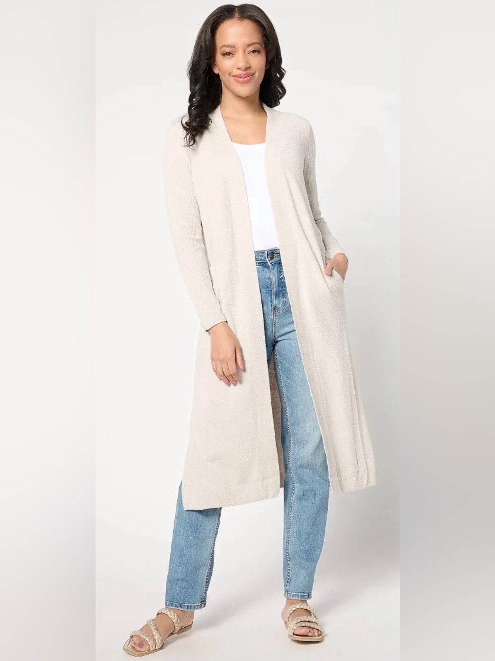 Barefoot Dreams Cream Open-Front Long Cardigan Cozy Lounge Wear Sz M